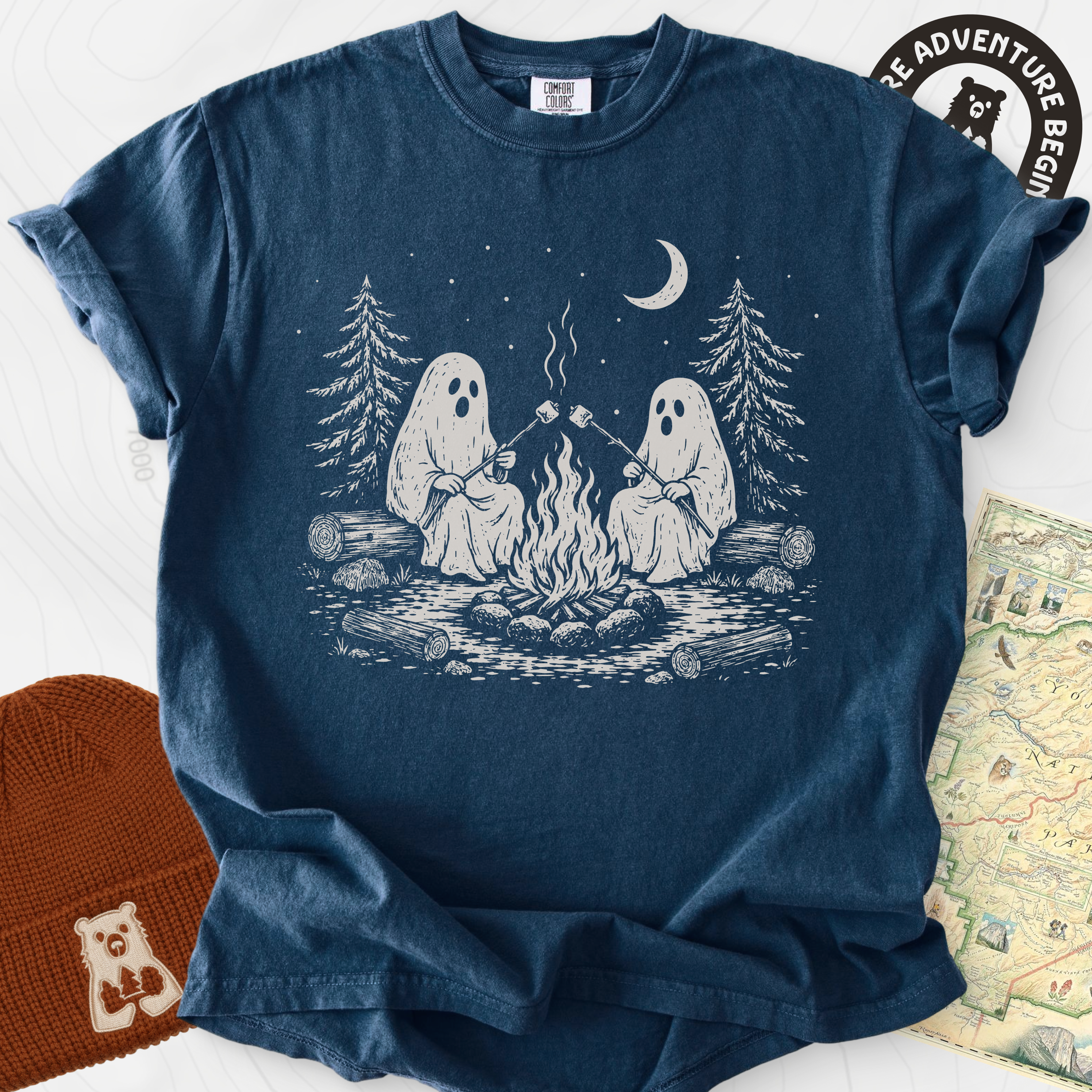 Ghostly Campfire Navy front print heavyweight T-shirt