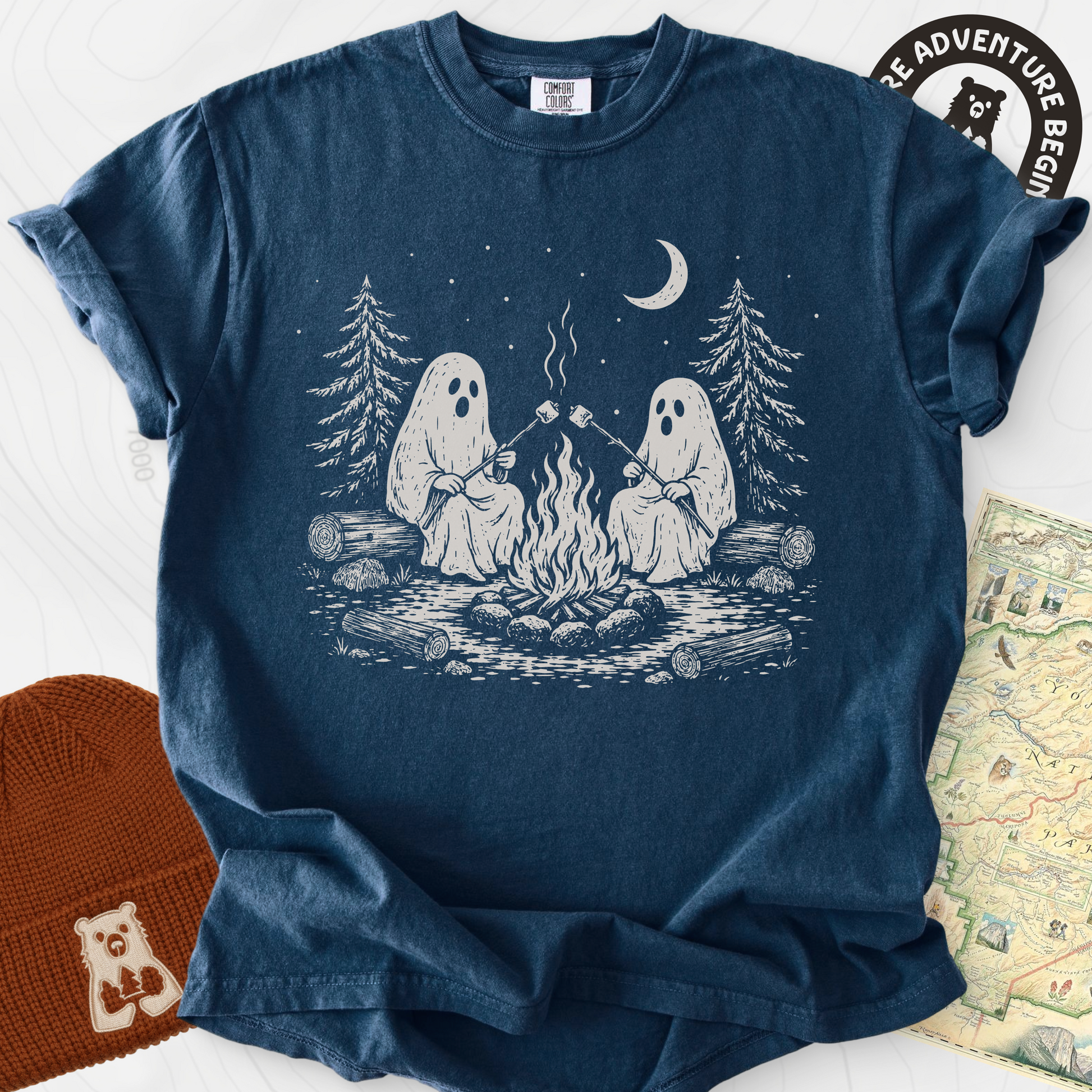 Ghostly Campfire Navy front print heavyweight T-shirt