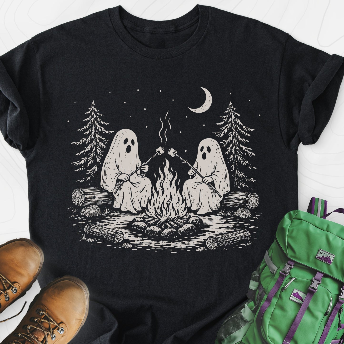 Ghostly Campfire Black front print lightweight T-shirt