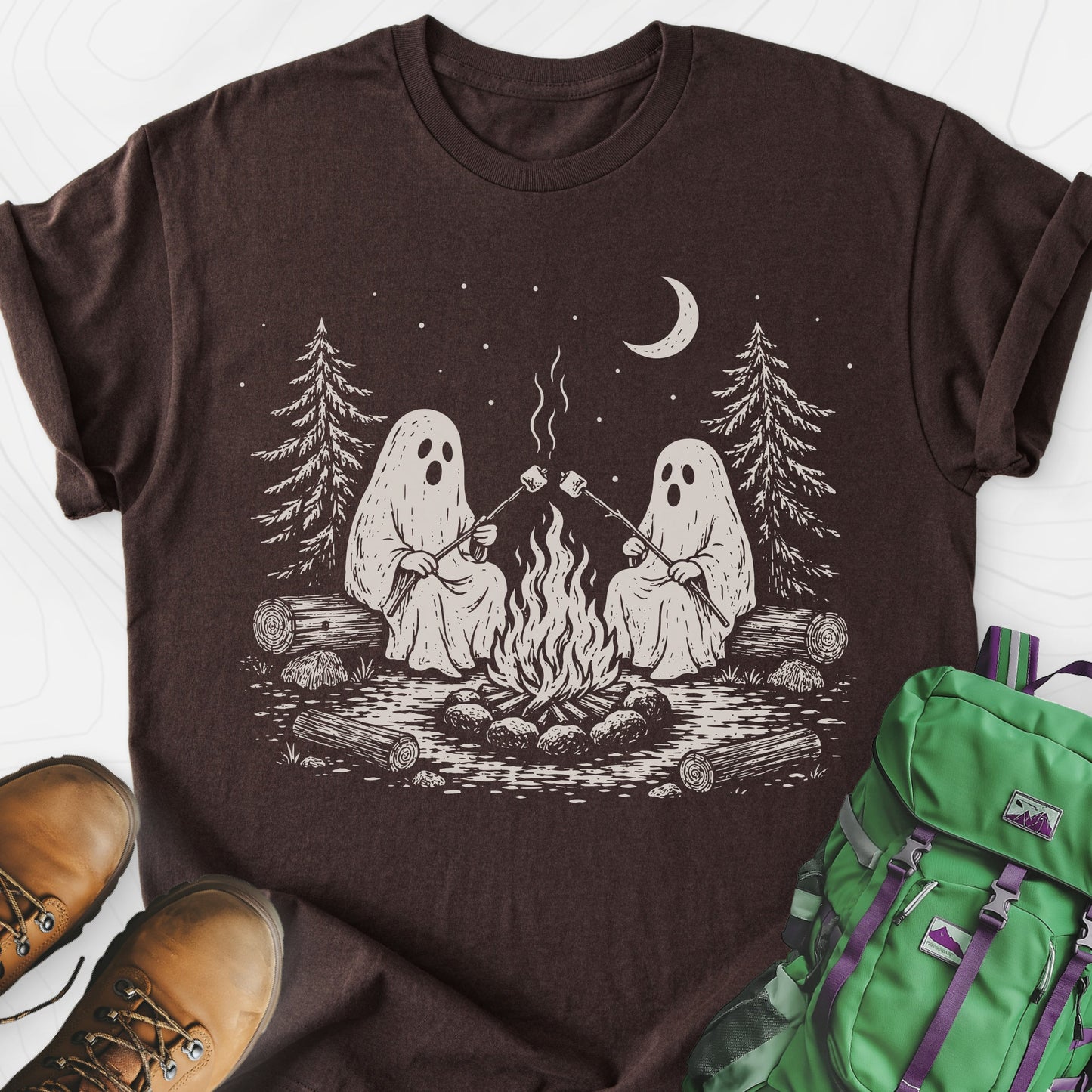 Ghostly Campfire Dark Chocolate front print lightweight T-shirt