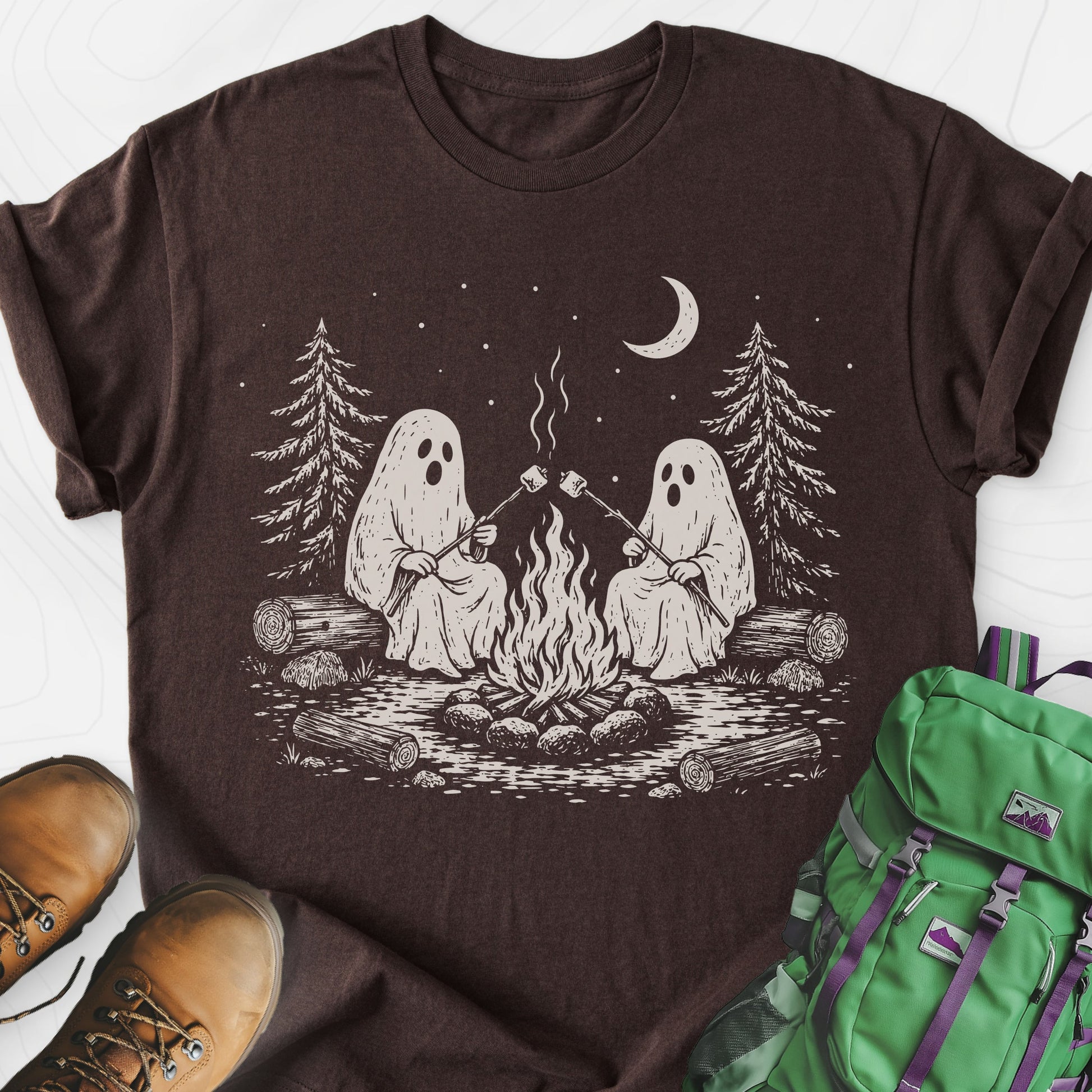 Ghostly Campfire Dark Chocolate front print lightweight T-shirt