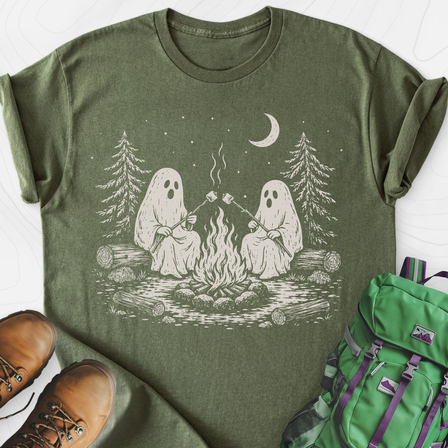 Ghostly Campfire Military Green front print lightweight T-shirt