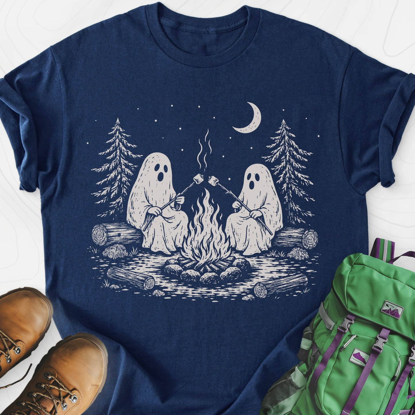 Ghostly Campfire Navy front print lightweight T-shirt