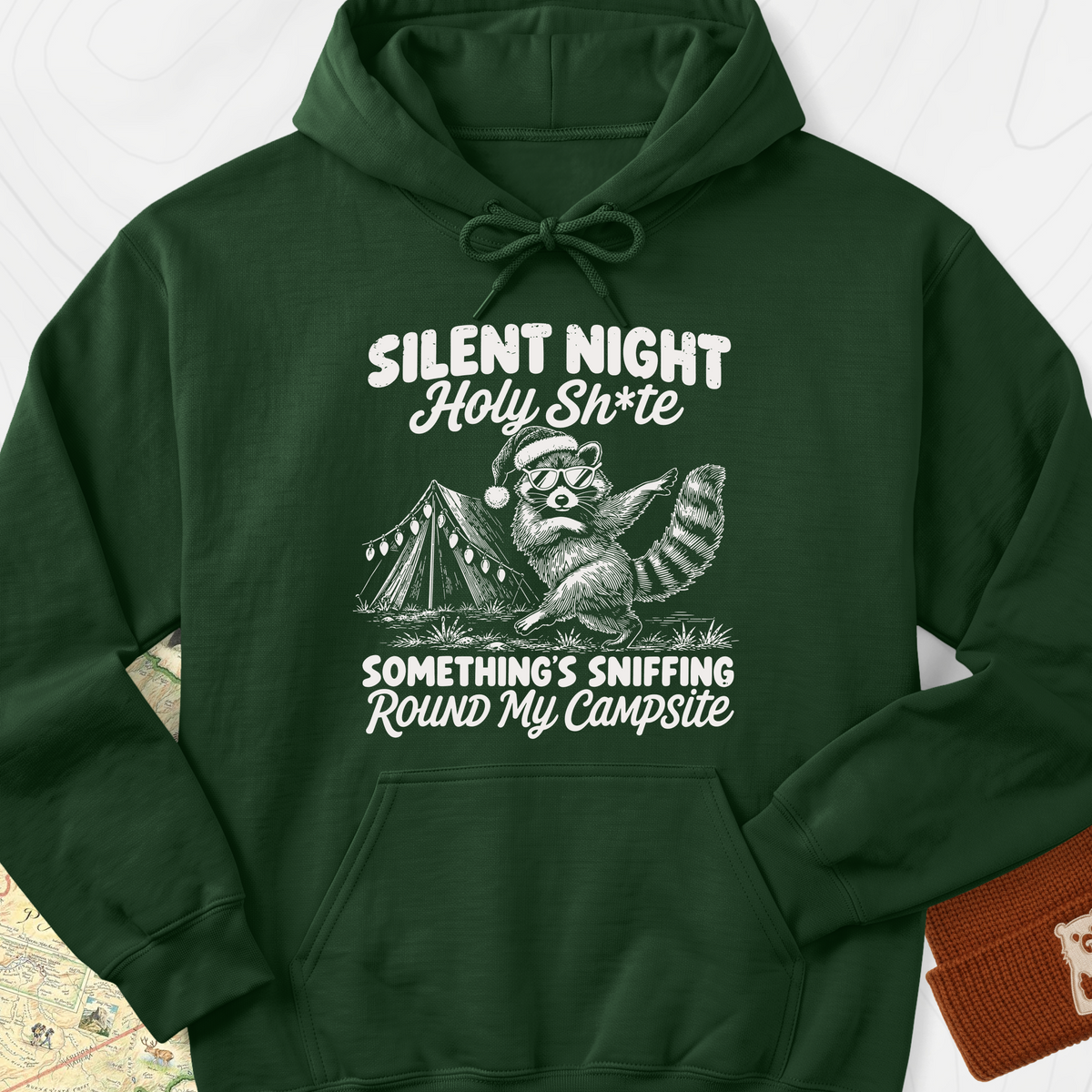 Silent Night Raccoon Hoodie - Forest Green