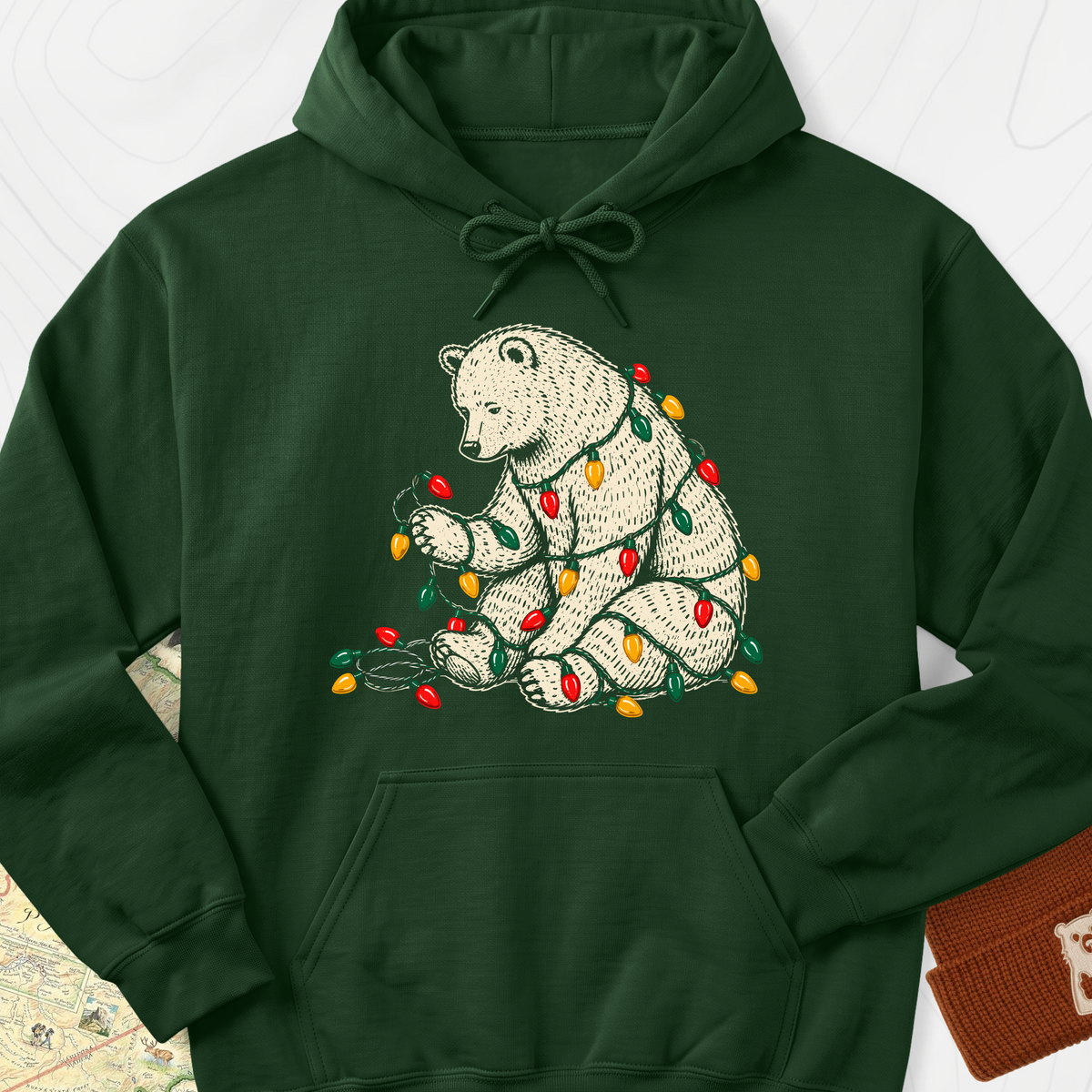 Tangled Christmas Bear Hoodie - Forest Green