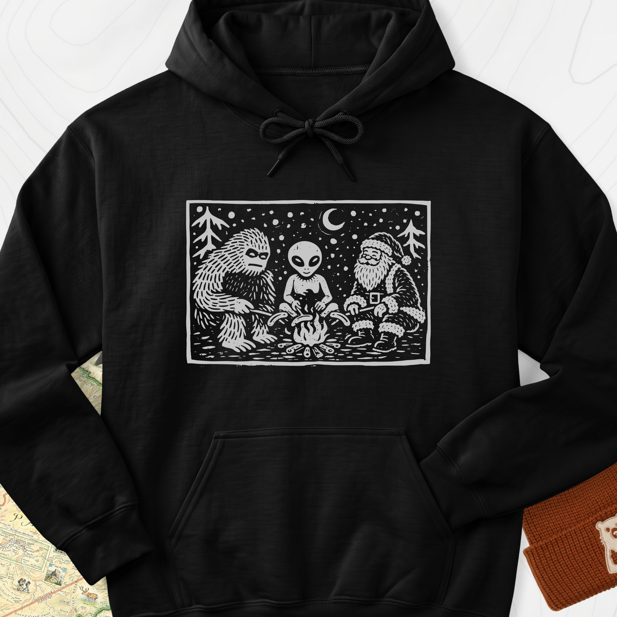 Cryptid Christmas Campfire Hoodie - Black