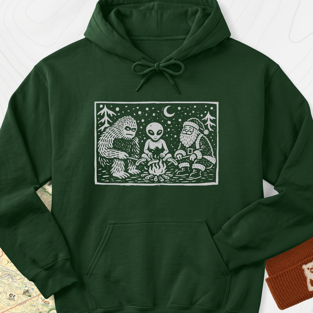 Cryptid Christmas Campfire Hoodie - Forest Green