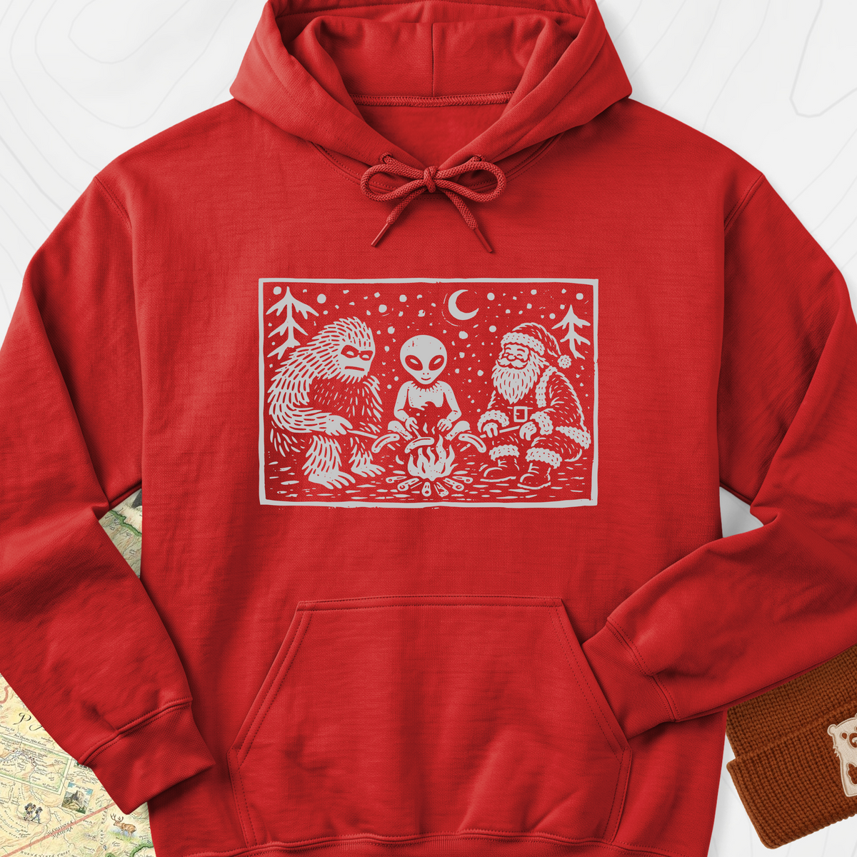 Cryptid Christmas Campfire Hoodie - Red