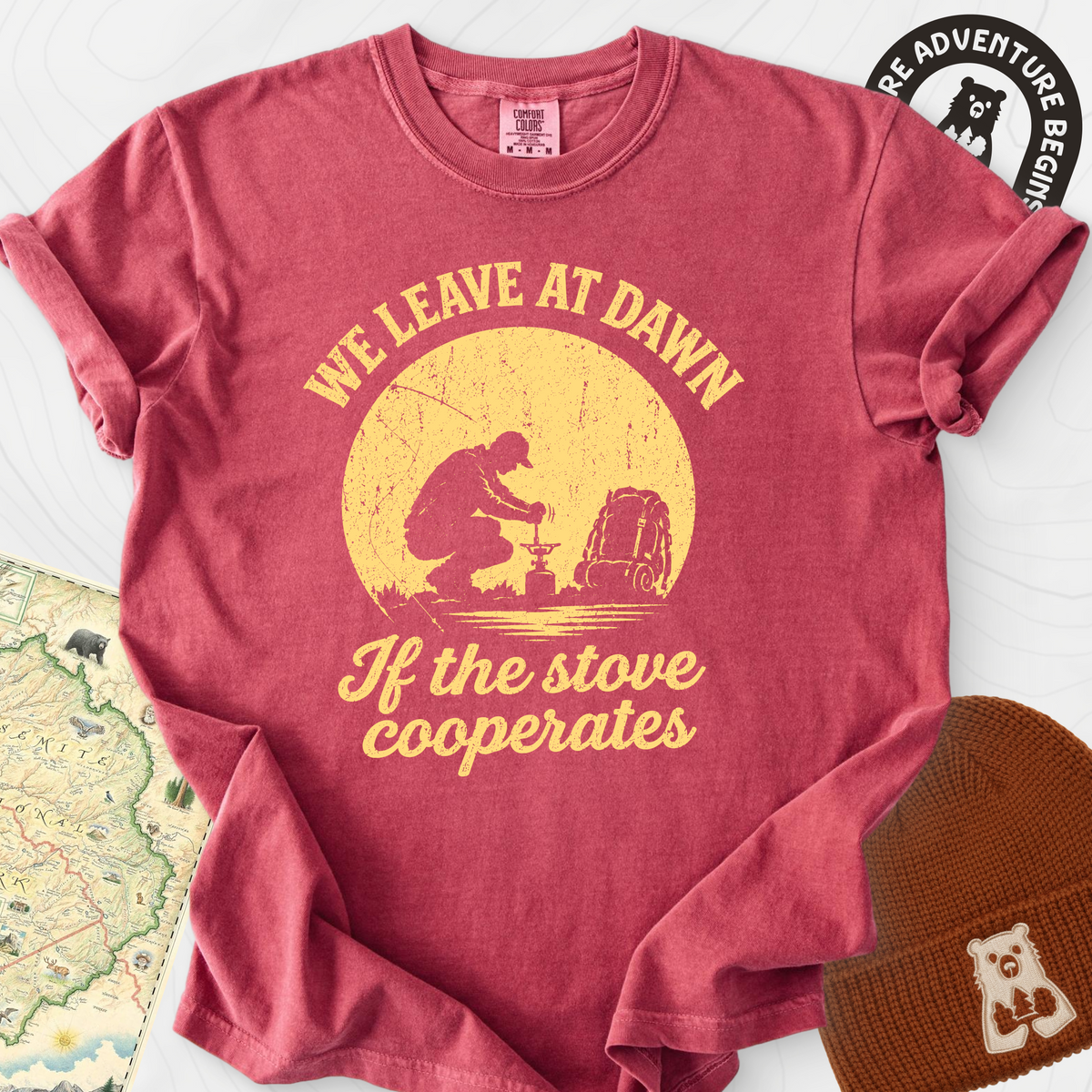 We Leave at Dawn T-Shirt — Crimson — Front print [studio:1eog0-wivEXz8OuXJCdDbjIdrKM9SXknS]