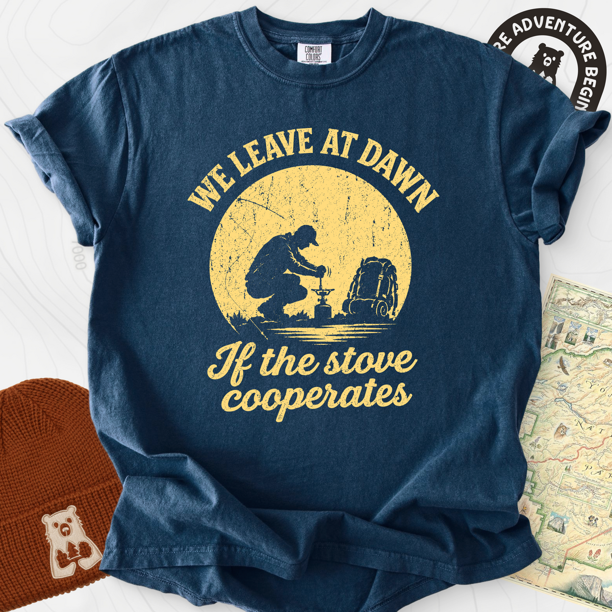 We Leave at Dawn T-Shirt — Navy — Front print [studio:1zvhkMQusVfDGsdcErJbtgqT4q627GywM]