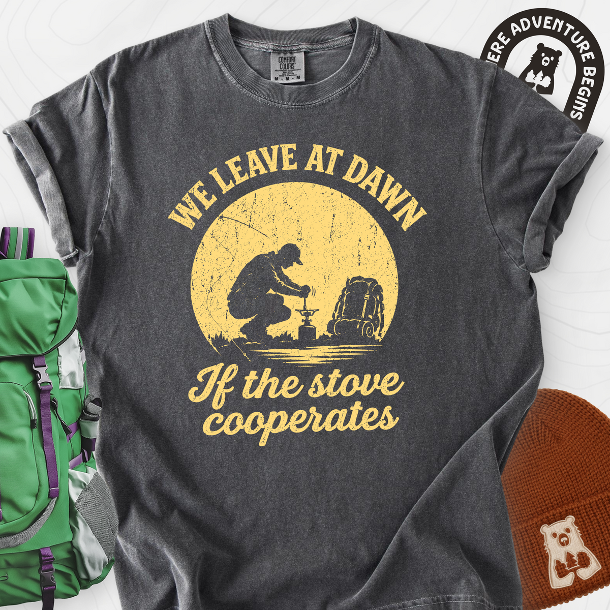 We Leave at Dawn T-Shirt — Pepper — Front print [studio:1saHhN8EPqwiLr7s4S4vgR2rzSxPP93iM]