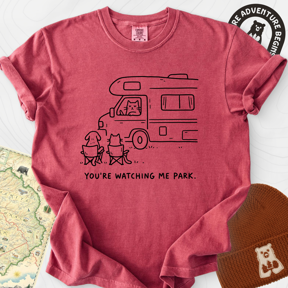 You're Watching Me Park T-Shirt — Crimson — Front print