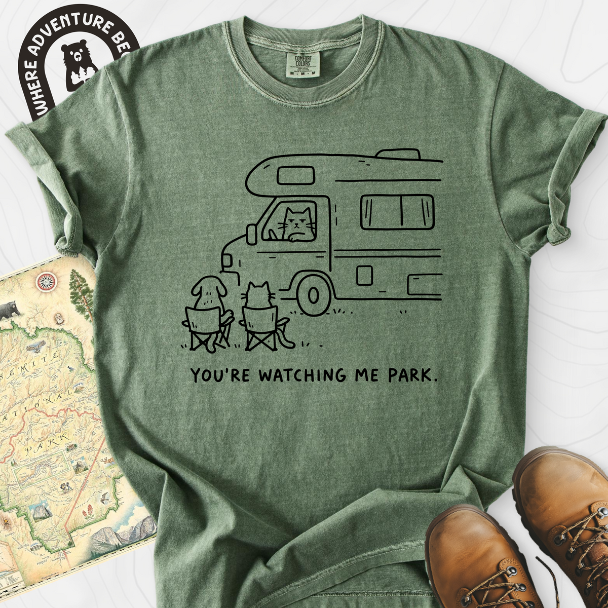 You're Watching Me Park T-Shirt — Moss — Front print