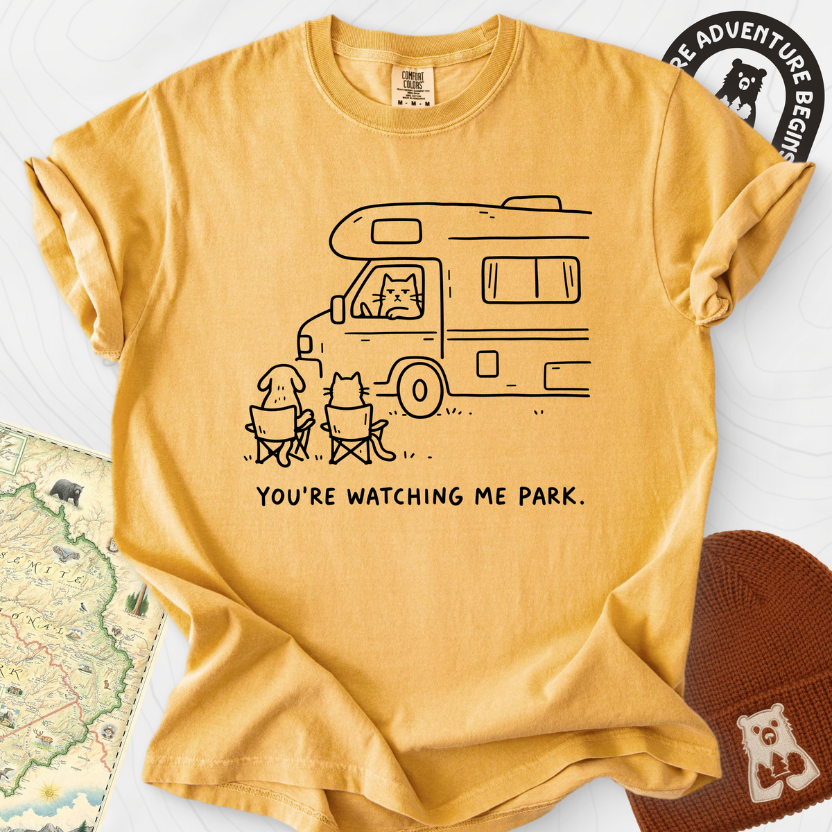 You're Watching Me Park T-Shirt — Mustard — Front print