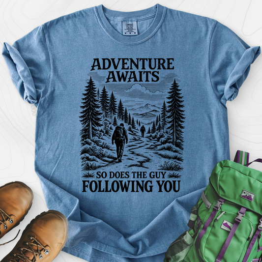 Adventure Awaits Stalker T-Shirt — Blue Jean — Front print