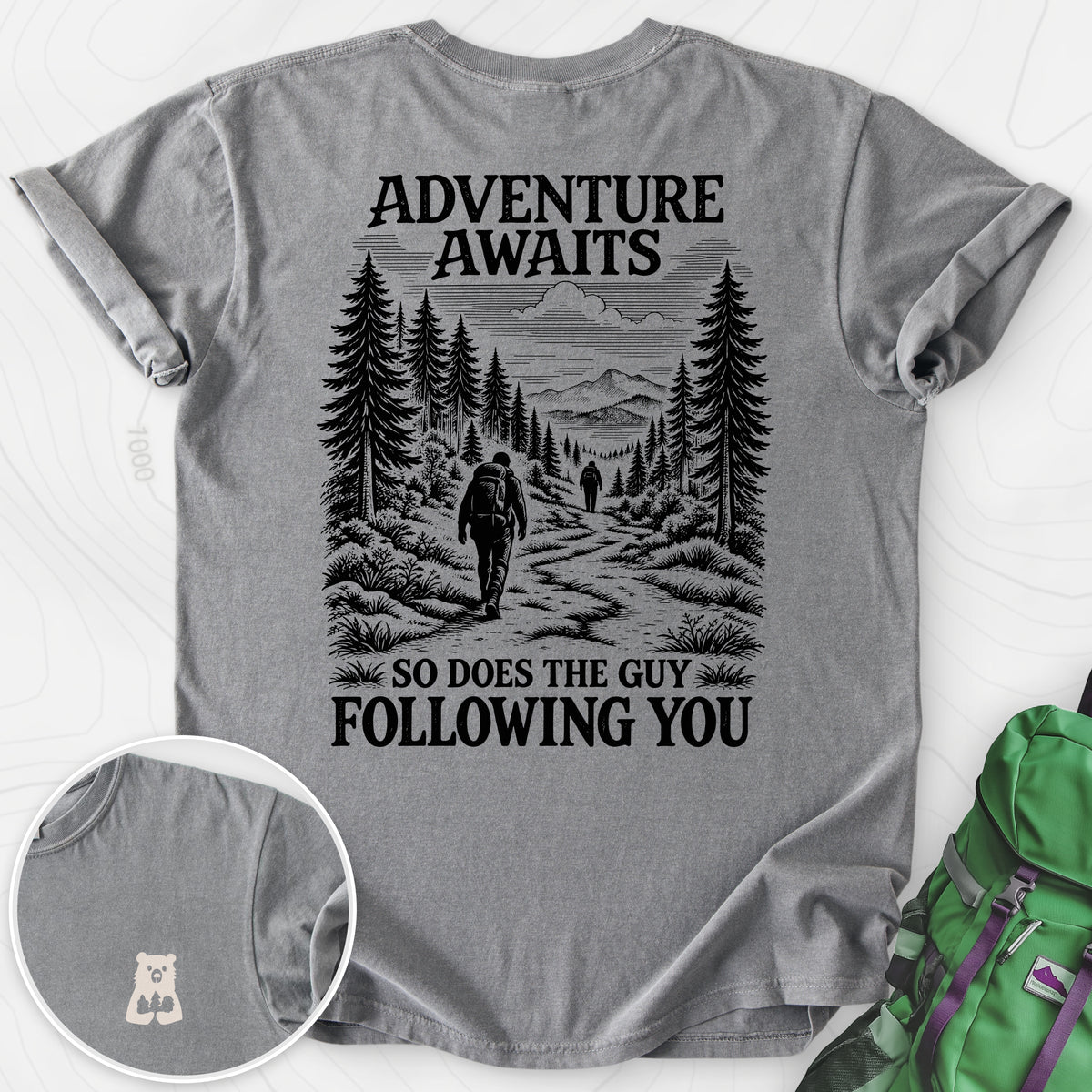 Adventure Awaits Stalker Back Print — Grey — Back print