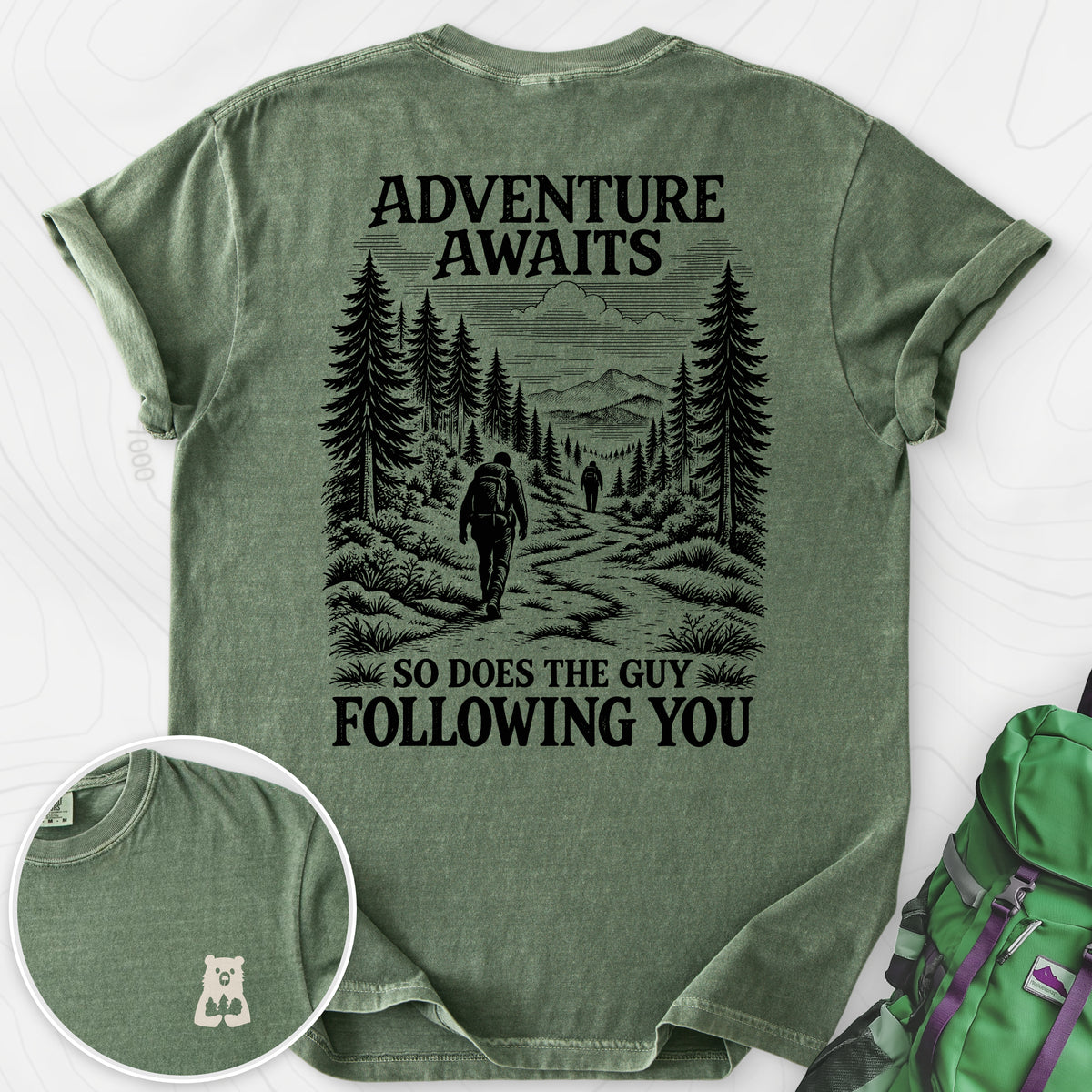 Adventure Awaits Stalker Back Print — Moss — Back print