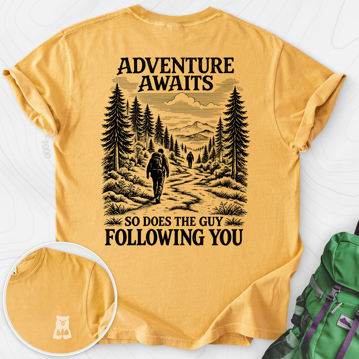 Adventure Awaits Stalker Back Print — Mustard — Back print