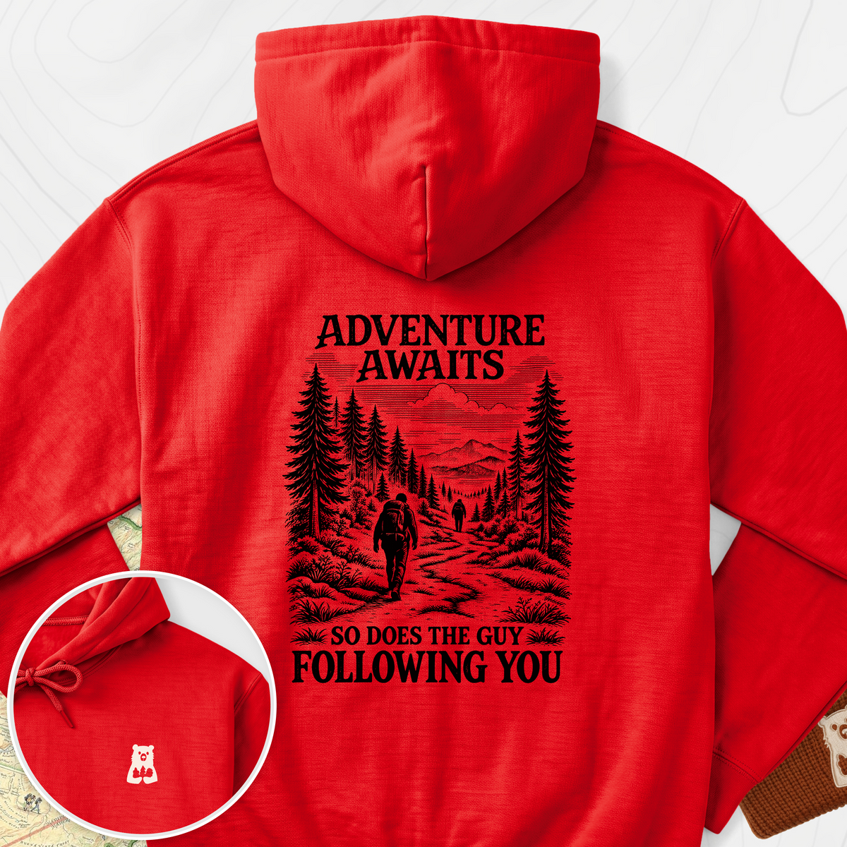 Adventure Awaits Stalker Back Print Hoodie — Red — Back print [studio:1GDjy6dBYQbdwwPYMotpKhgyTLLDx3FVf]