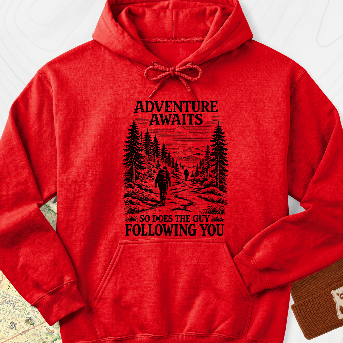 Adventure Awaits Stalker Hoodie — Red — Front print [studio:1LJKIjV5b_WrRtxLXvKXIg_CT2dFNyOil]