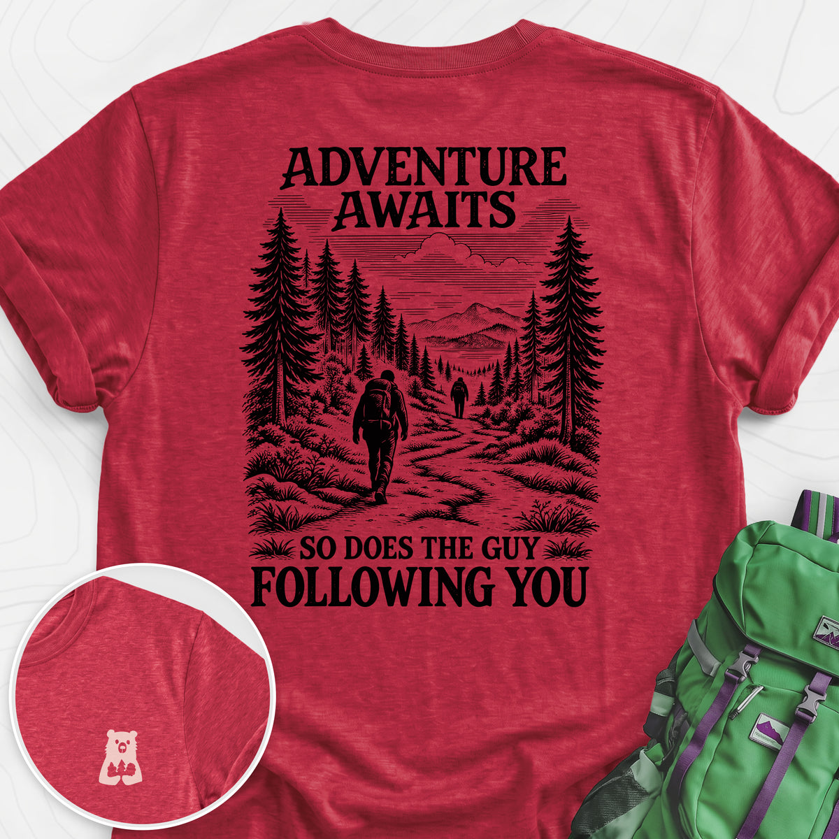Adventure Awaits Stalker Back Print Lightweight T-Shirt — Heather Red — Back print [studio:1BvN5kdhDVNM5hhdWV0E22o6IKmwGCB6z]