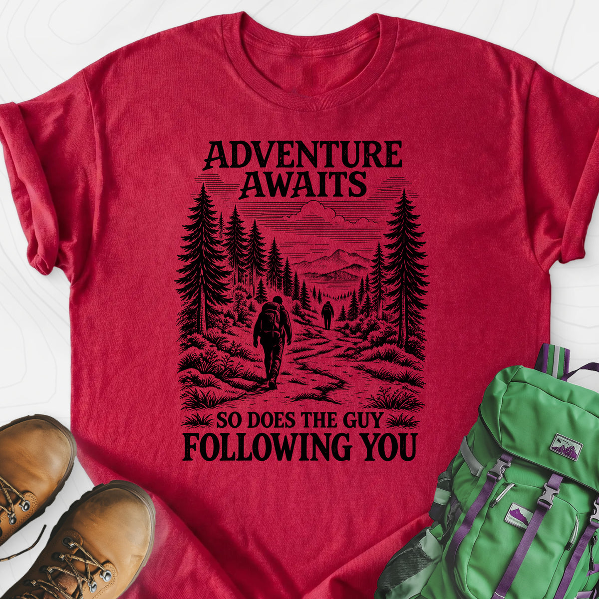 Adventure Awaits Stalker Lightweight T-Shirt — Heather Red — Front print [studio:1sV11uoKMi466dMmeRS1cSQyogwZzOukT]