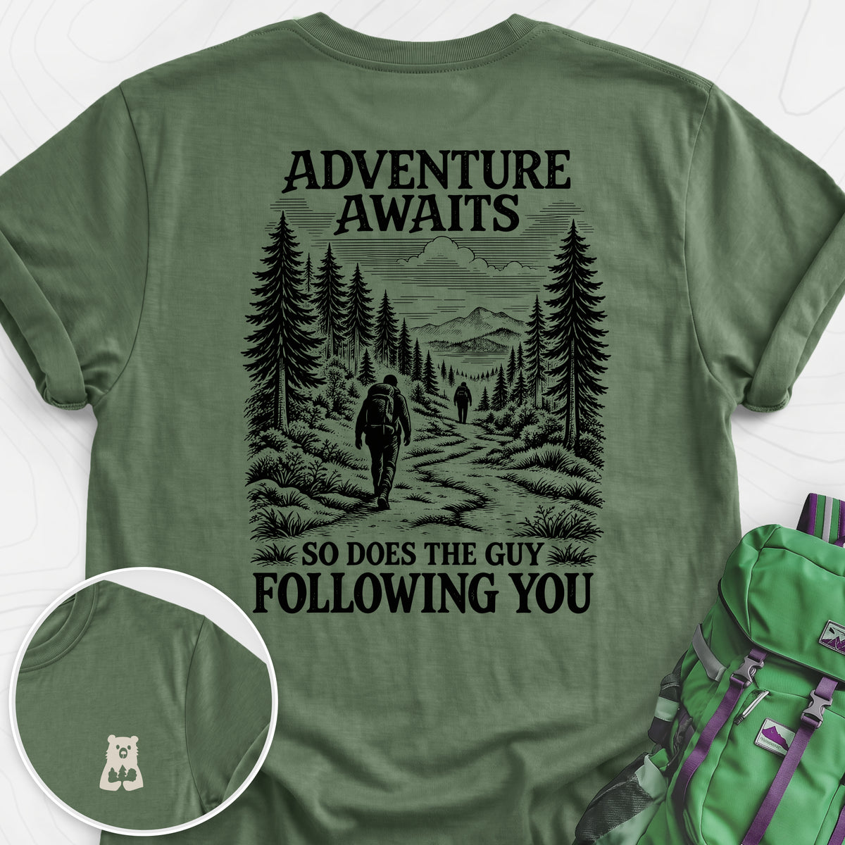 Adventure Awaits Stalker Back Print Lightweight T-Shirt — Military Green — Back print [studio:1lffzkZ6N8QJDvp-K-efW2Y68YkJkZT7b]