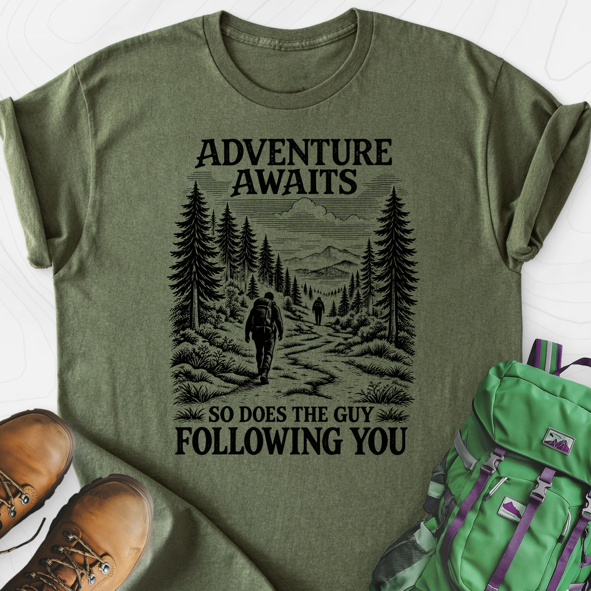 Adventure Awaits Stalker Lightweight T-Shirt — Military Green — Front print [studio:19pfZR_sIqBMCehjD5DKehbHtOoaOwiBU]