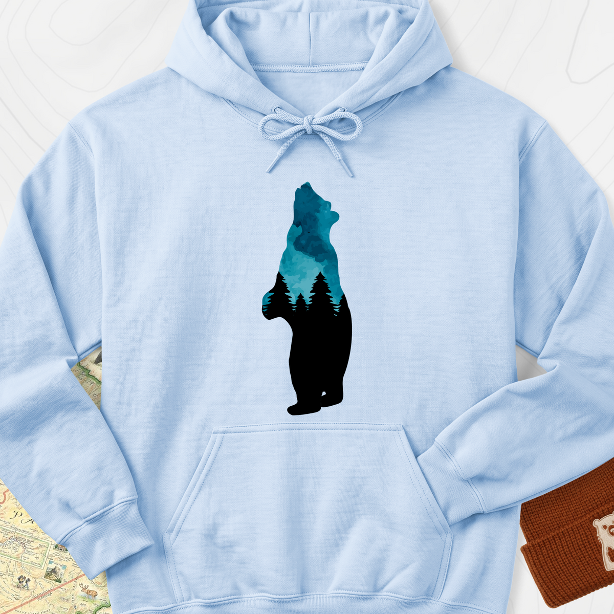 Bear Trees T-Shirt Hoodie - Light Blue