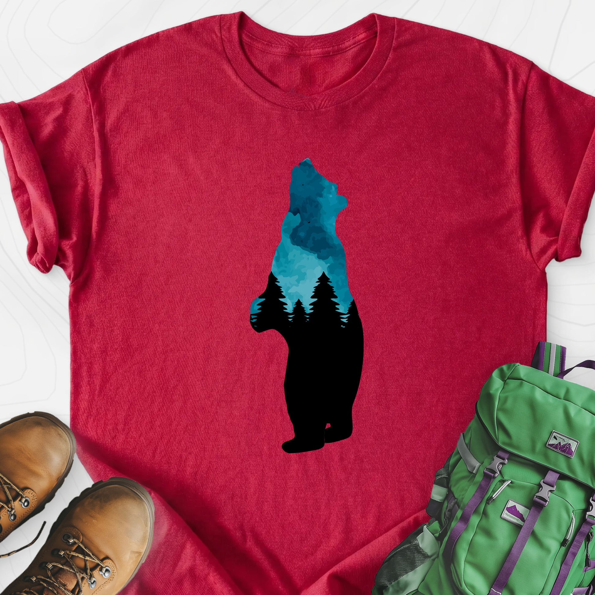 Bear Trees T-Shirt Heather Red front print lightweight T-shirt