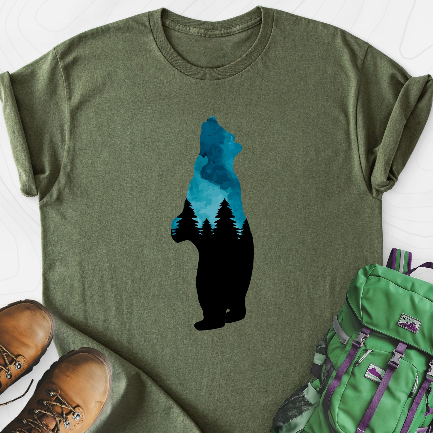Bear Trees T-Shirt Military Green front print lightweight T-shirt