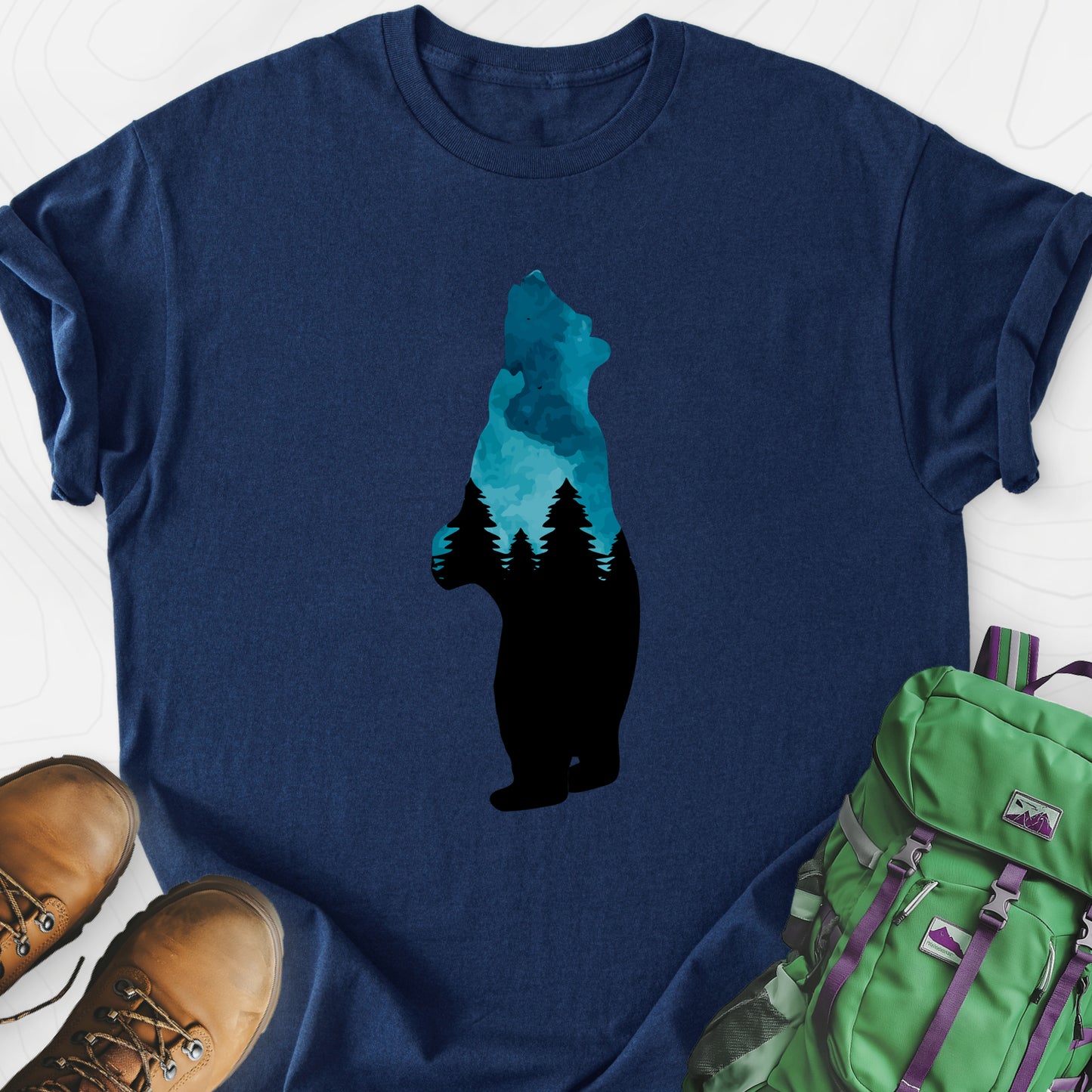 Bear Trees T-Shirt Navy front print lightweight T-shirt