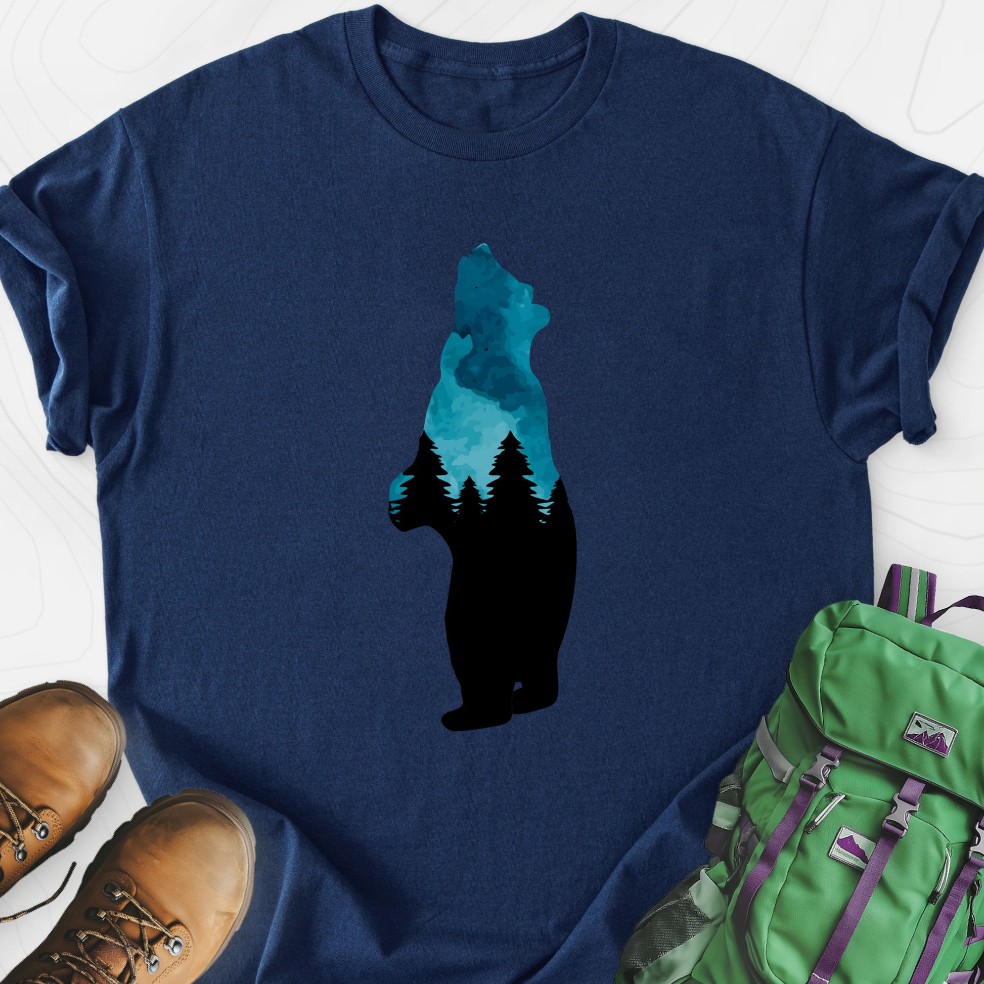 Bear Trees T-Shirt Navy front print lightweight T-shirt