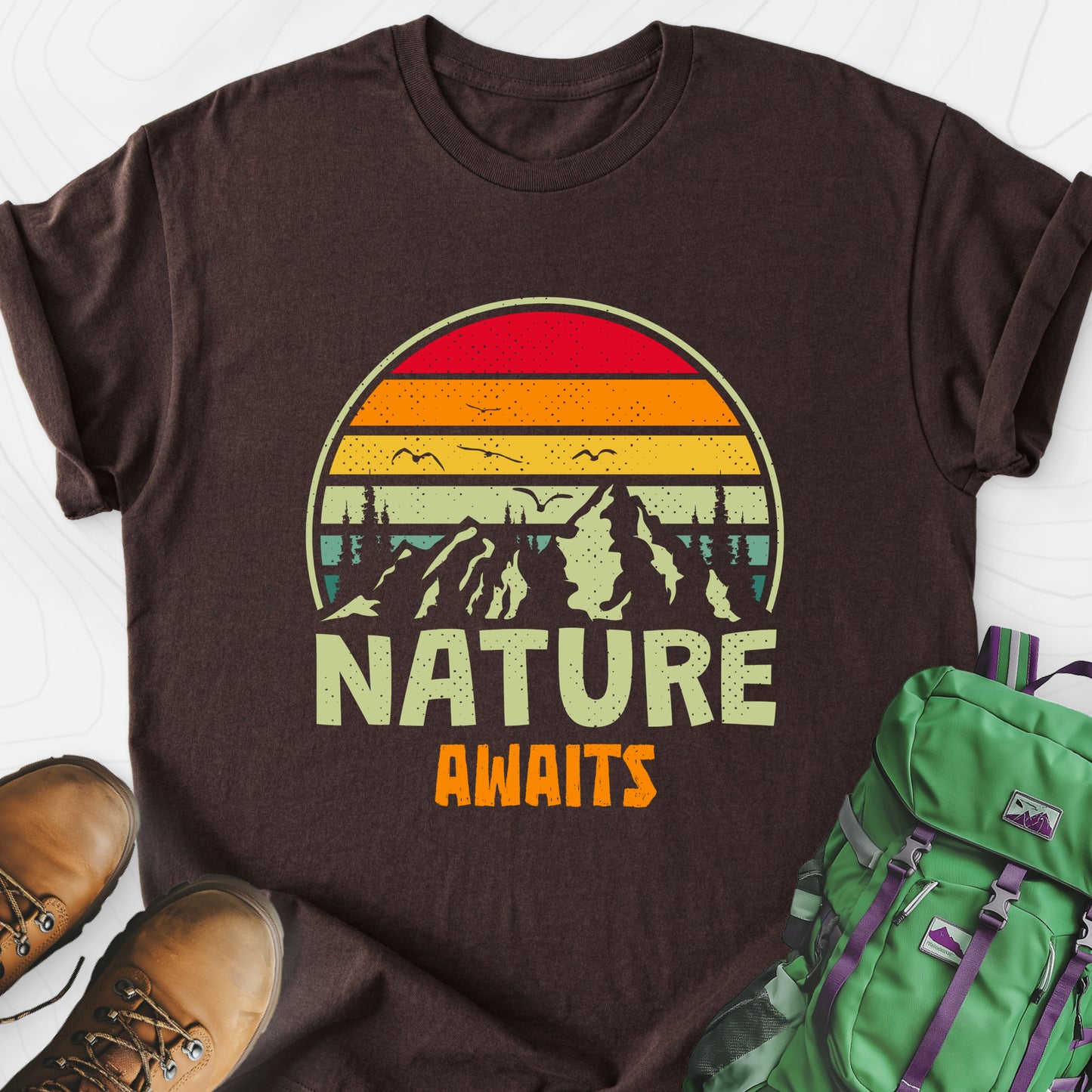 Nature Awaits T-Shirt Dark Chocolate front print lightweight T-shirt