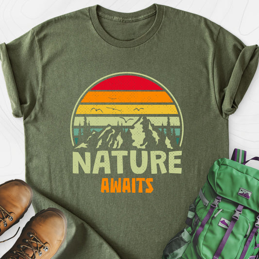 Nature Awaits T-Shirt Military Green front print lightweight T-shirt