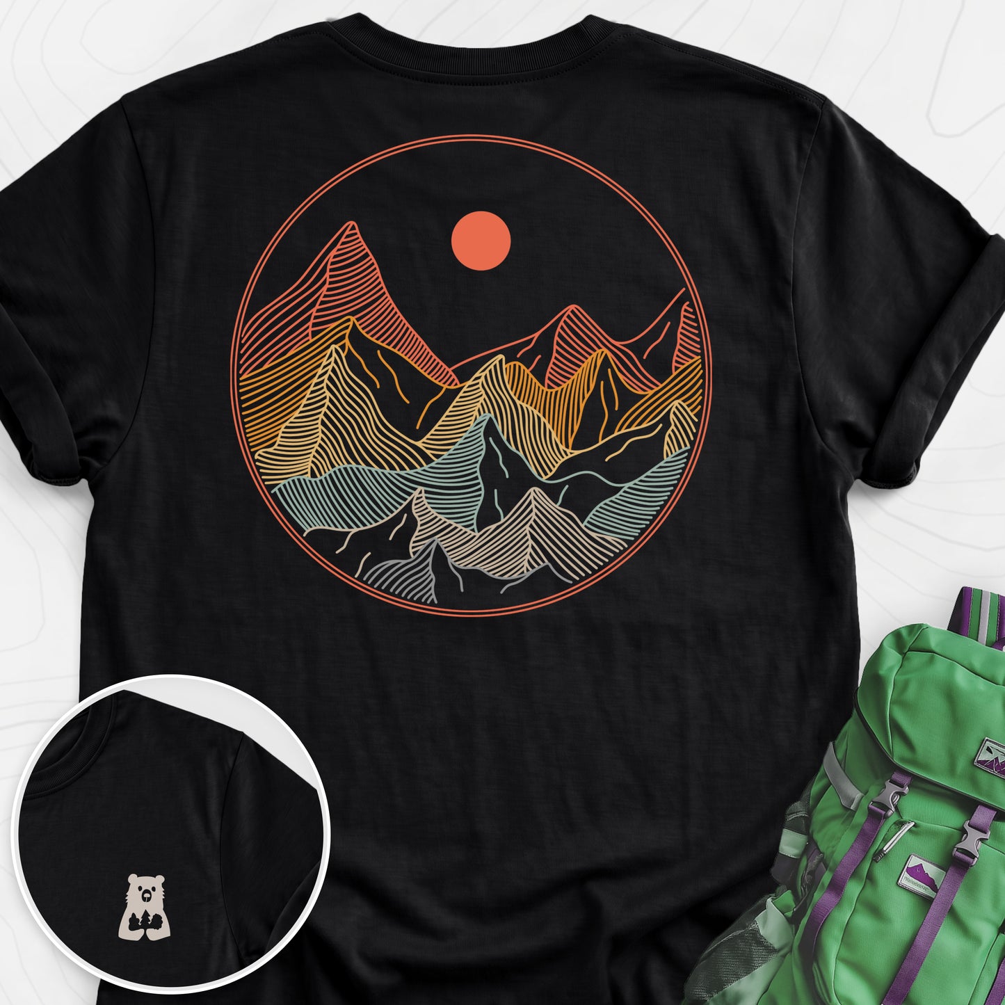Colorful Mountains T-Shirt Black back print lightweight T-shirt