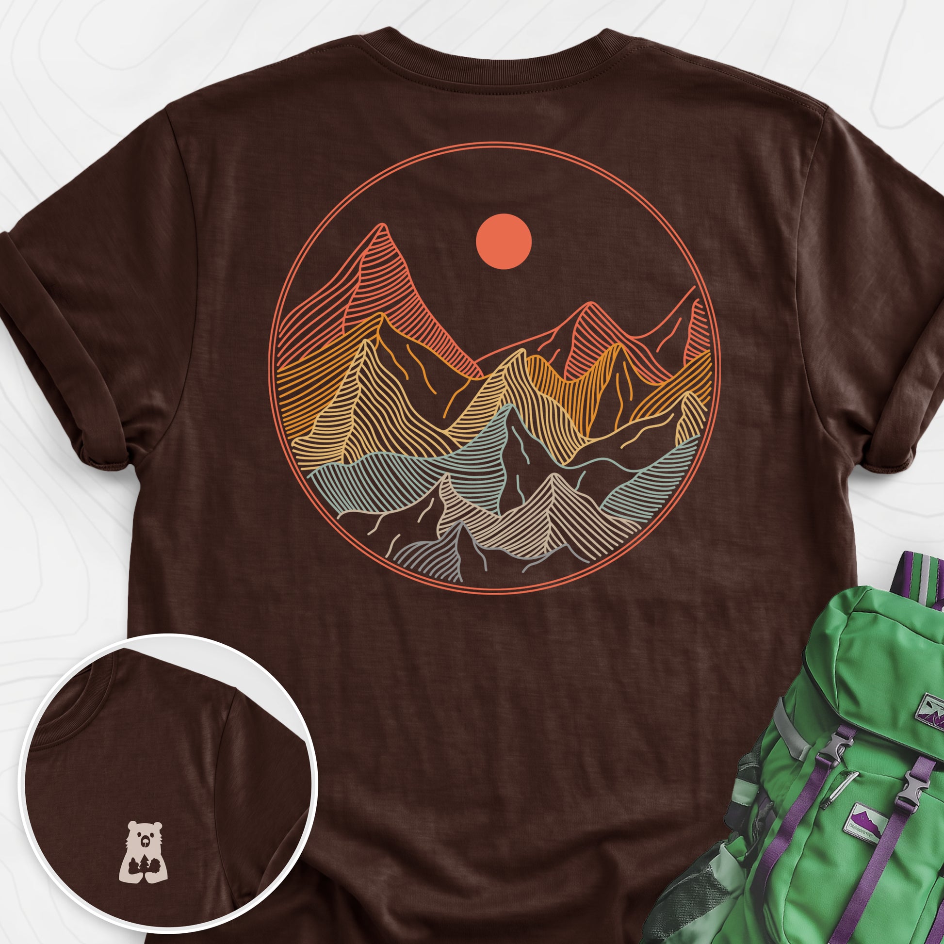 Colorful Mountains T-Shirt Dark Chocolate back print lightweight T-shirt
