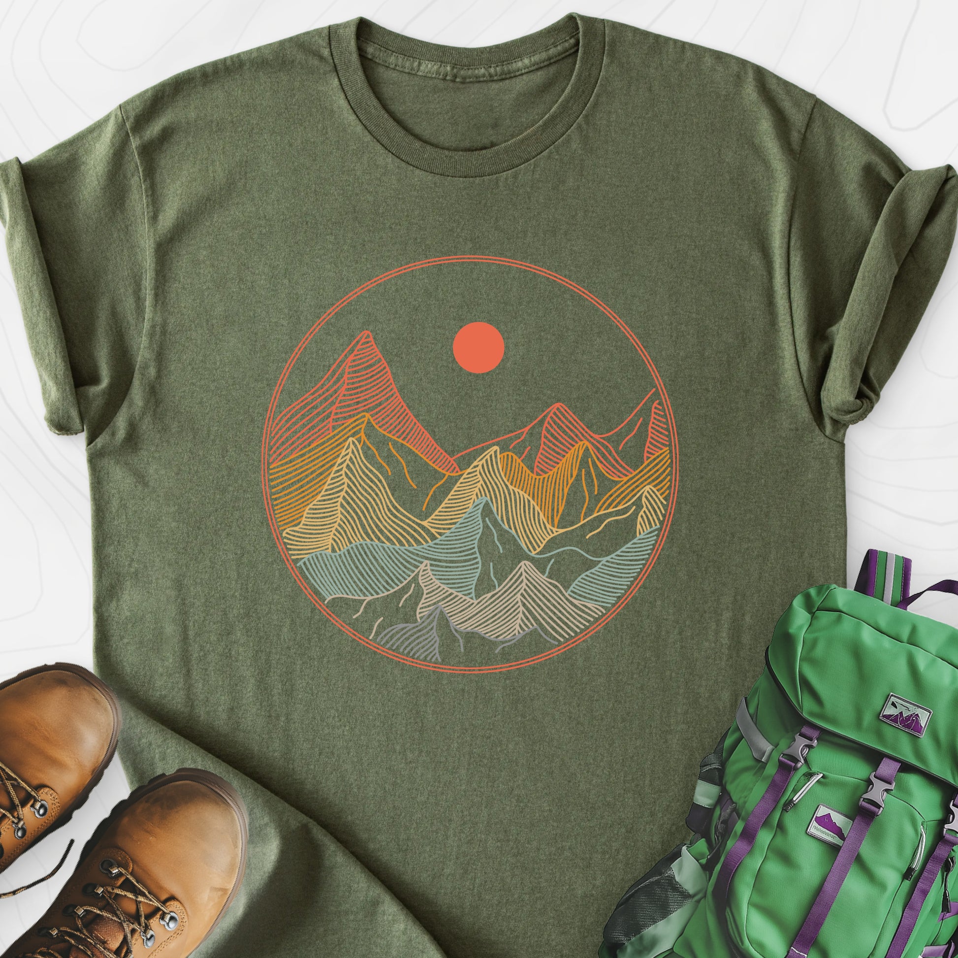 Colorful Mountains T-Shirt Military Green front print lightweight T-shirt