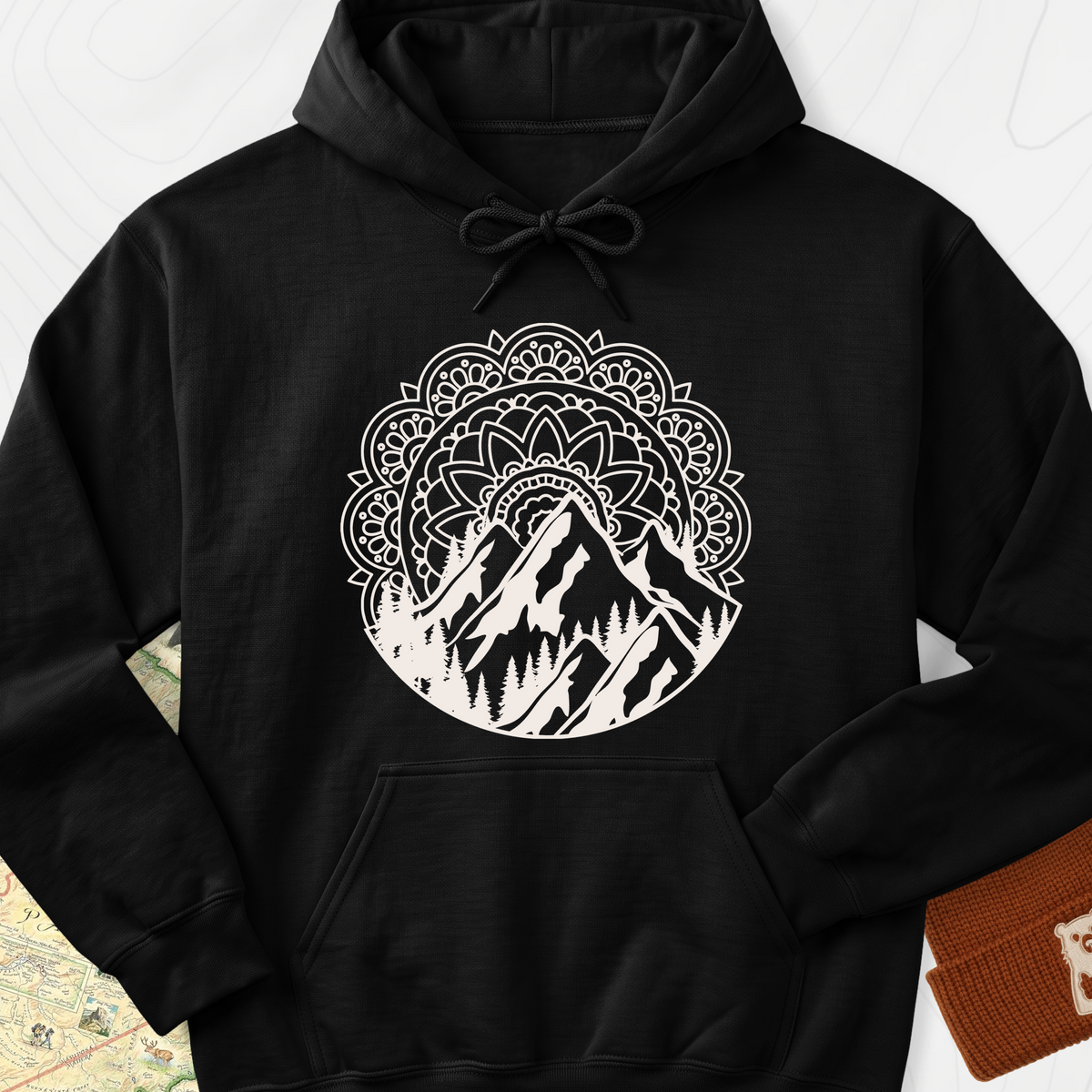 Mandala Mountains T-Shirt Hoodie - Black