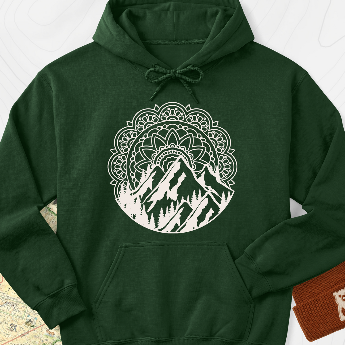 Mandala Mountains T-Shirt Hoodie - Forest Green