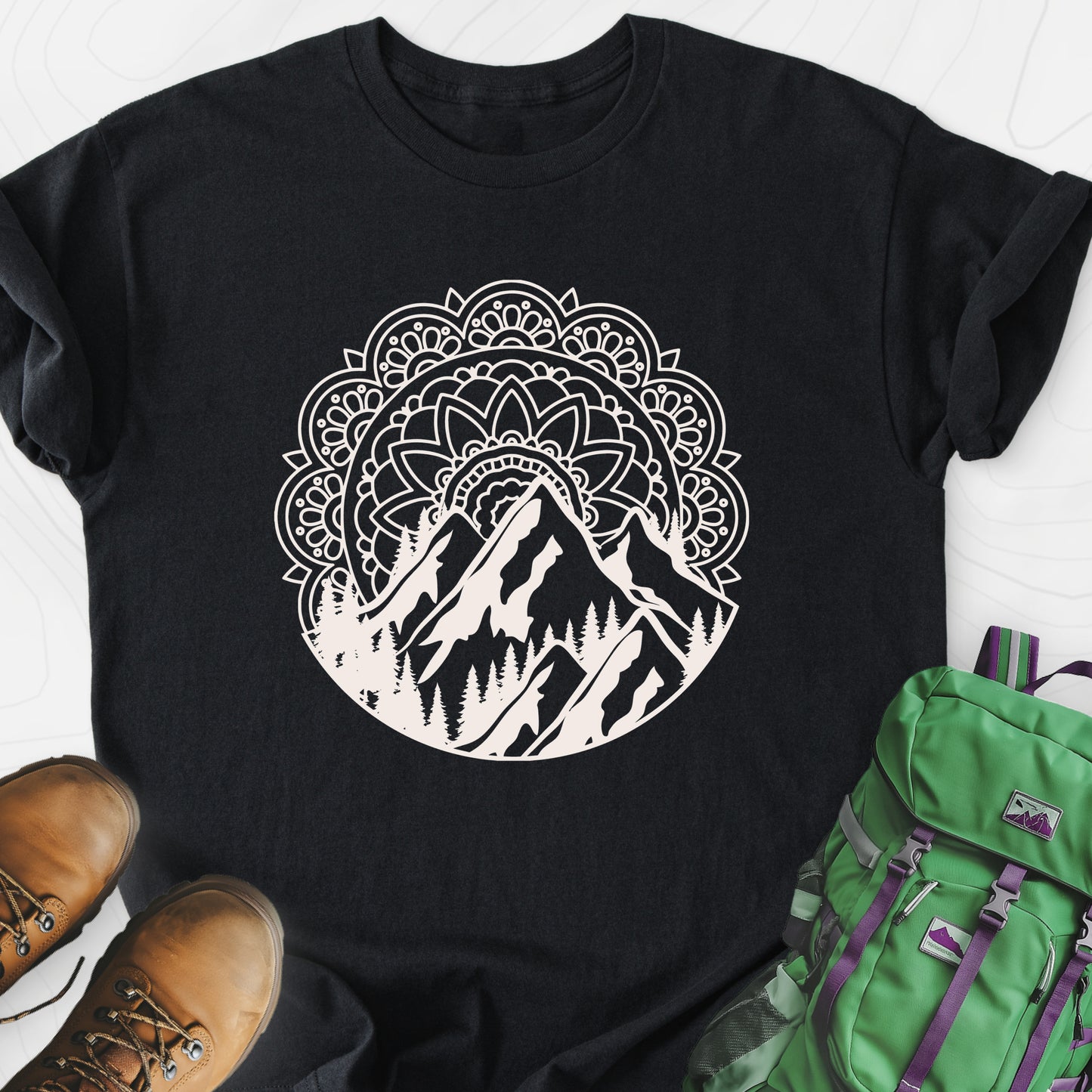 Mandala Mountains T-Shirt Black front print lightweight T-shirt