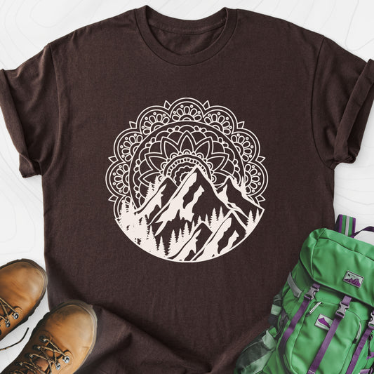 Mandala Mountains T-Shirt Dark Chocolate front print lightweight T-shirt