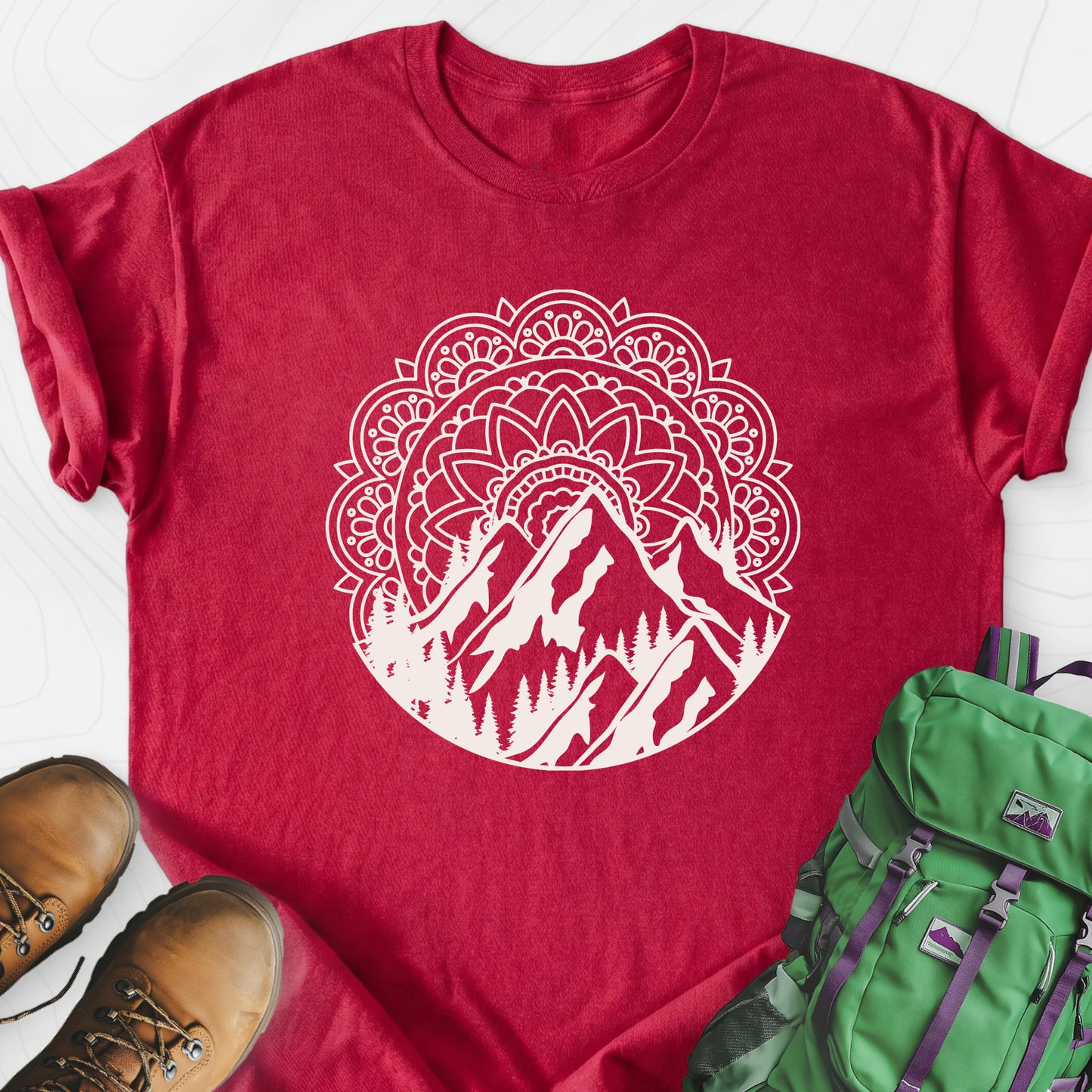 Mandala Mountains T-Shirt Heather Red front print lightweight T-shirt