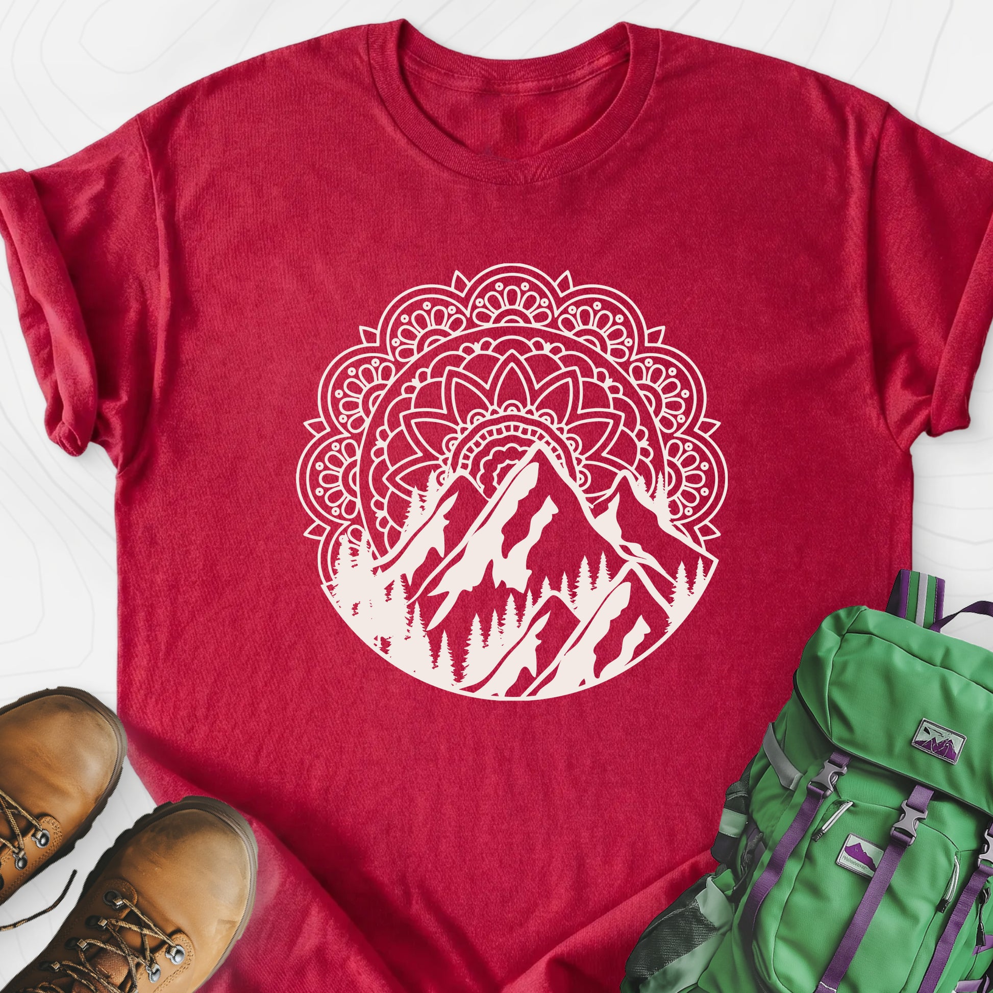 Mandala Mountains T-Shirt Heather Red front print lightweight T-shirt