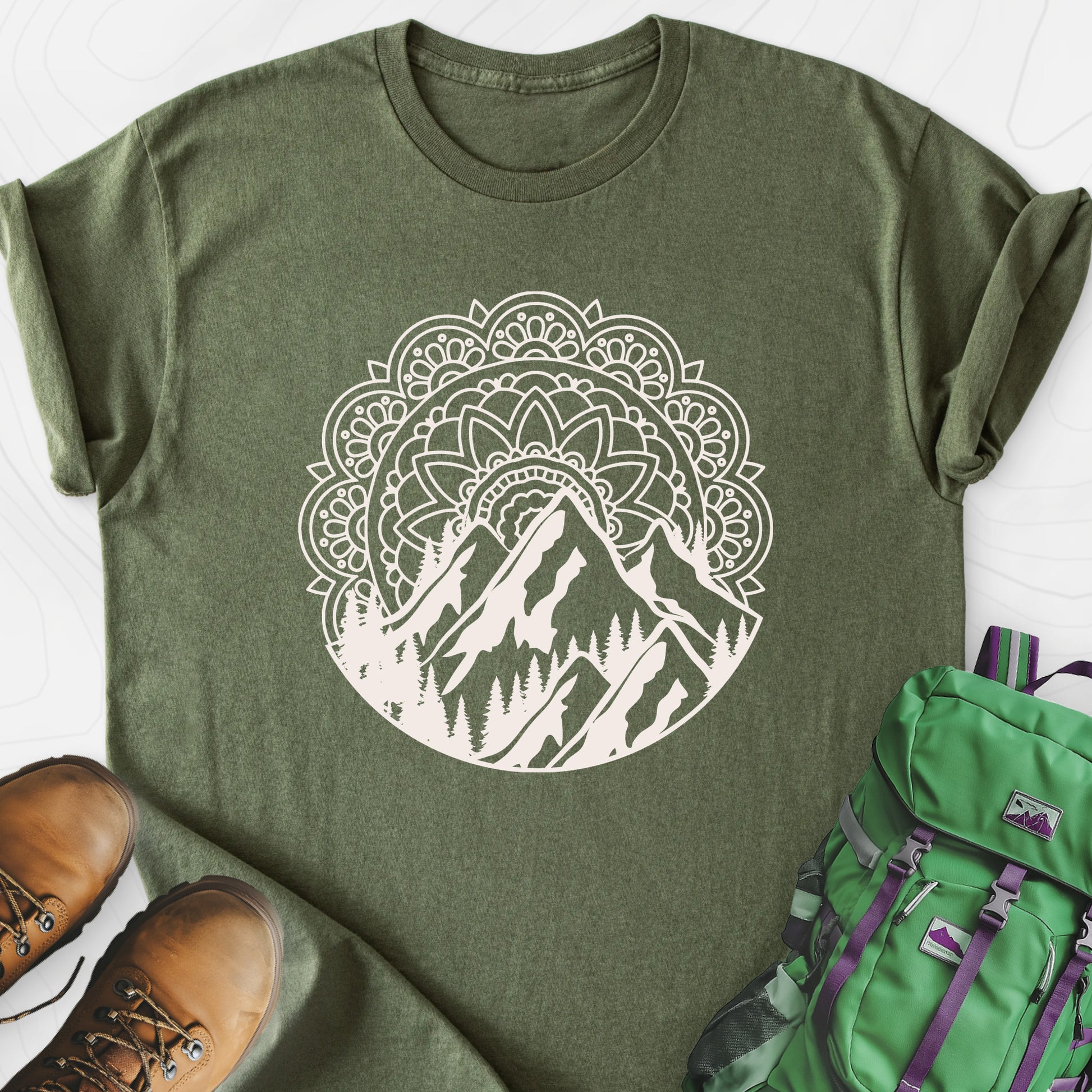 Mandala Mountains T-Shirt Military Green front print lightweight T-shirt