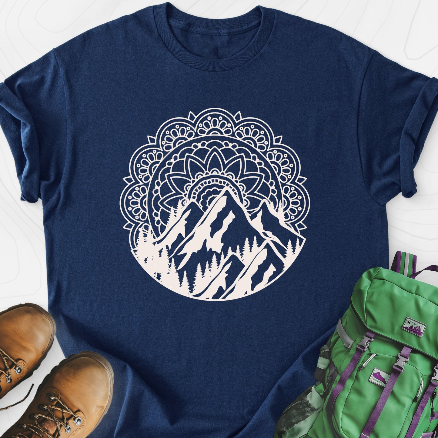 Mandala Mountains T-Shirt Navy front print lightweight T-shirt