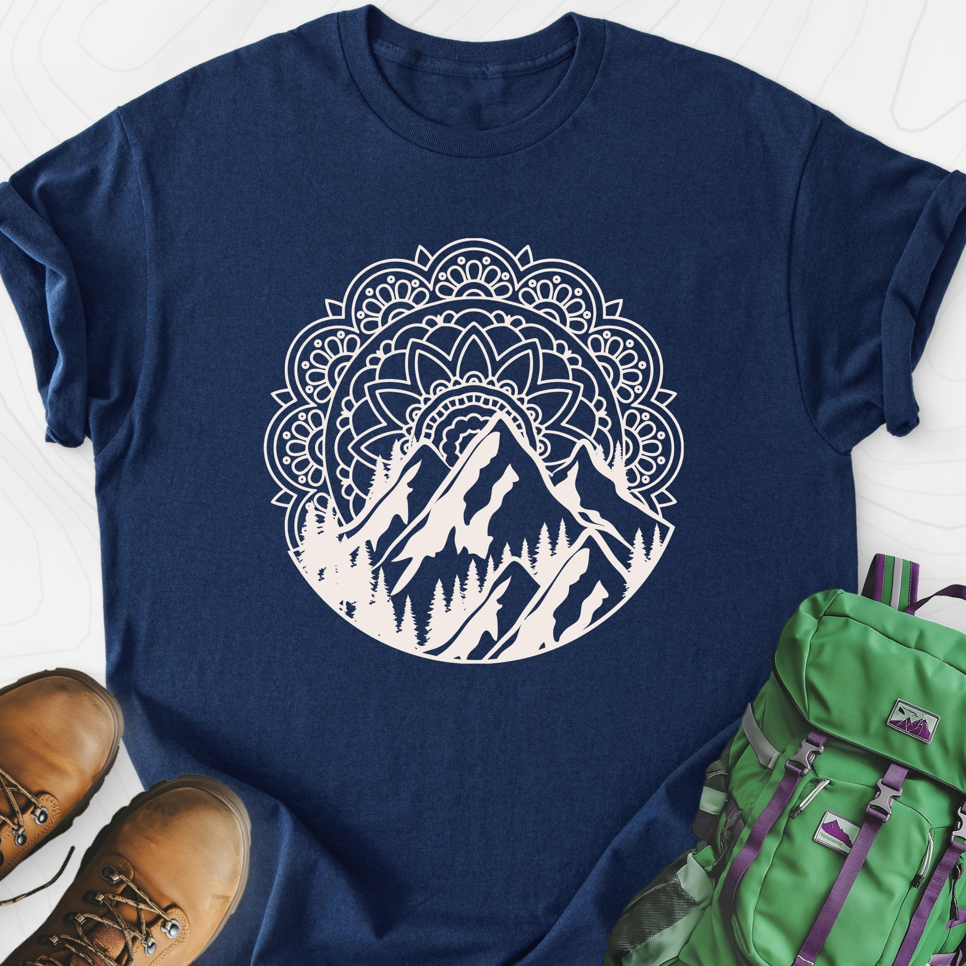 Mandala Mountains T-Shirt Navy front print lightweight T-shirt