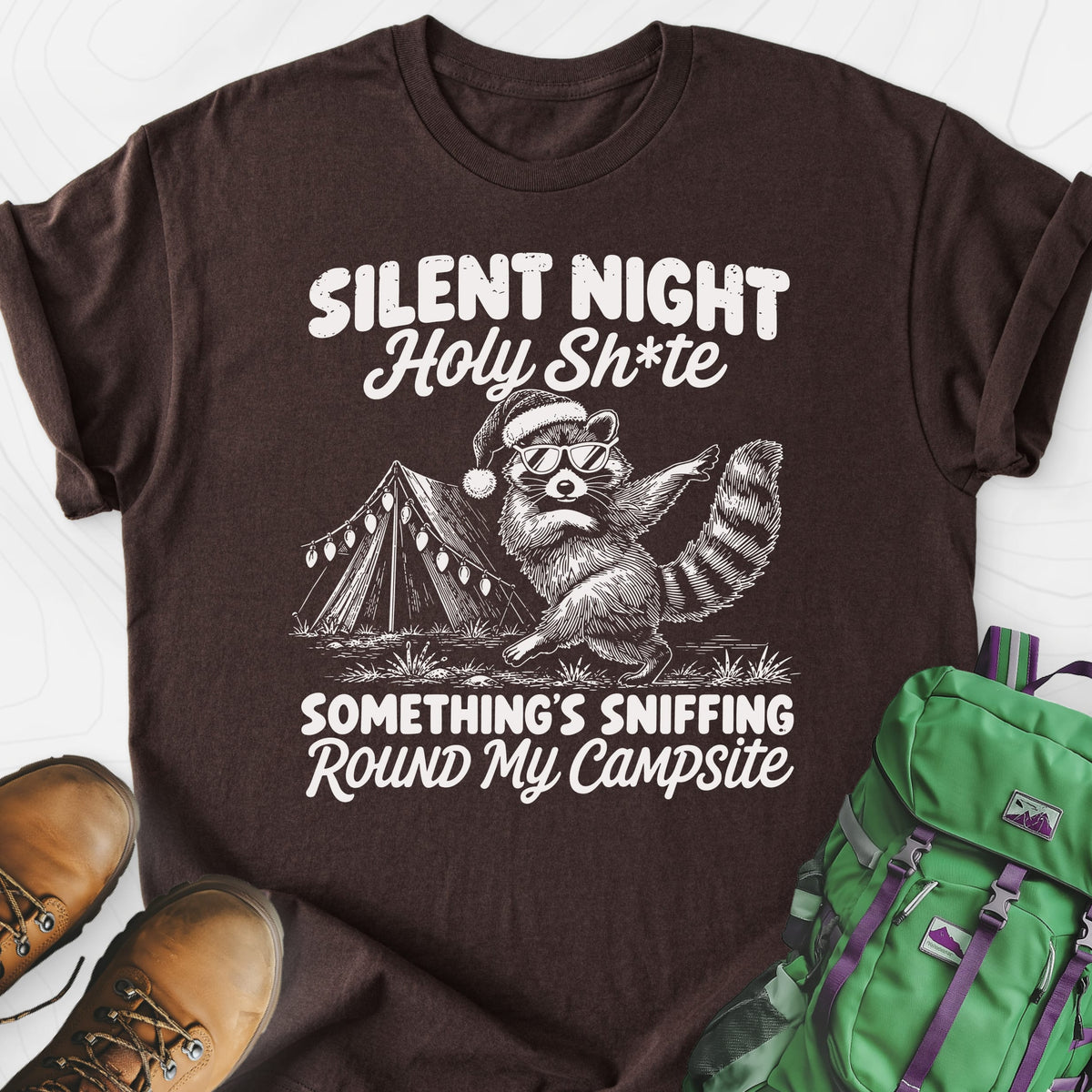 Silent Night Raccoon Dark Chocolate front print lightweight T-shirt