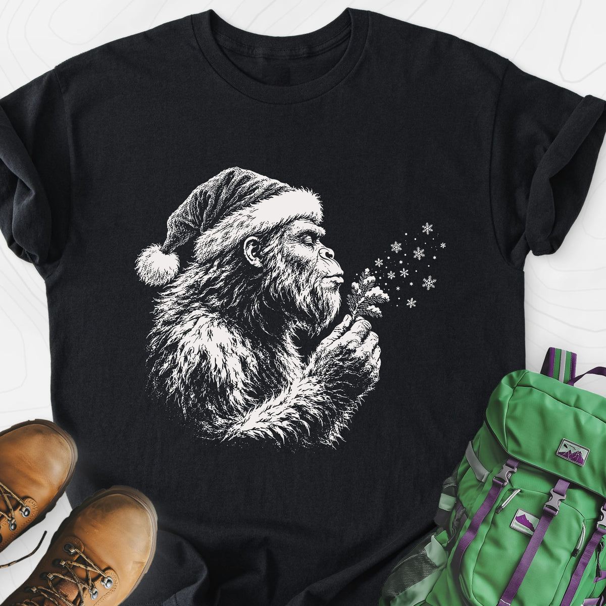 Bigfoot Snow Wishes Black front print lightweight T-shirt
