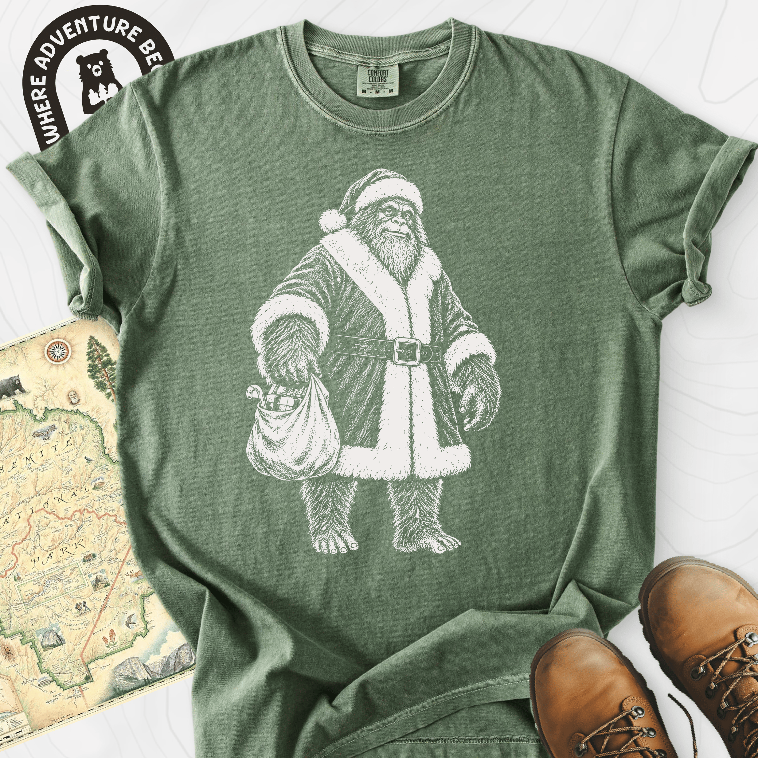 Bigfoot Santa Sack Moss front print heavyweight T-shirt